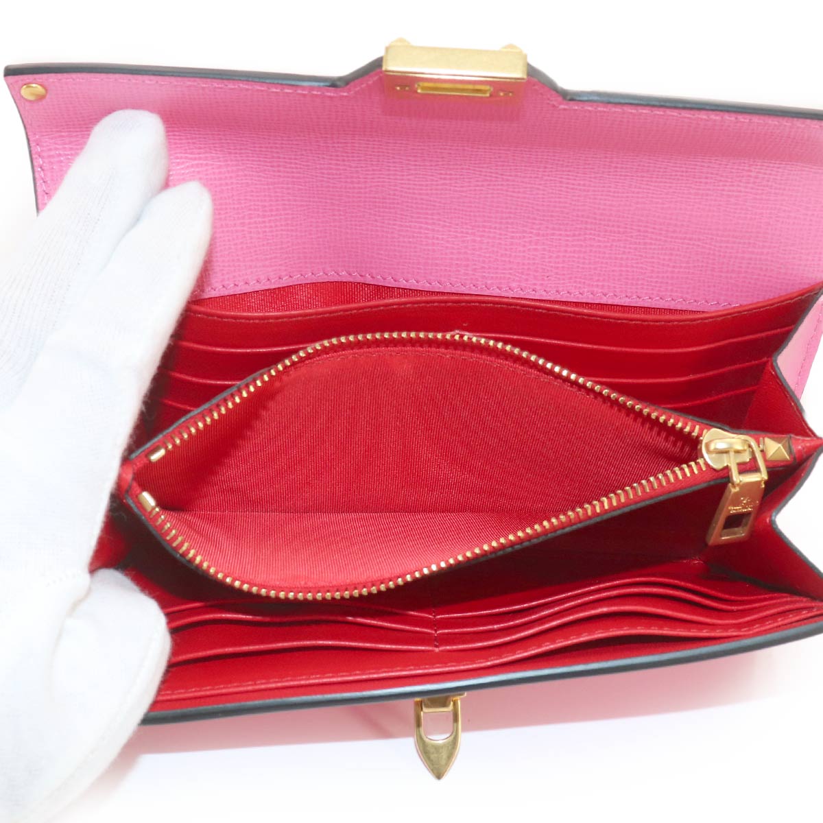Rock Studs Long Wallet Leather Pink Red