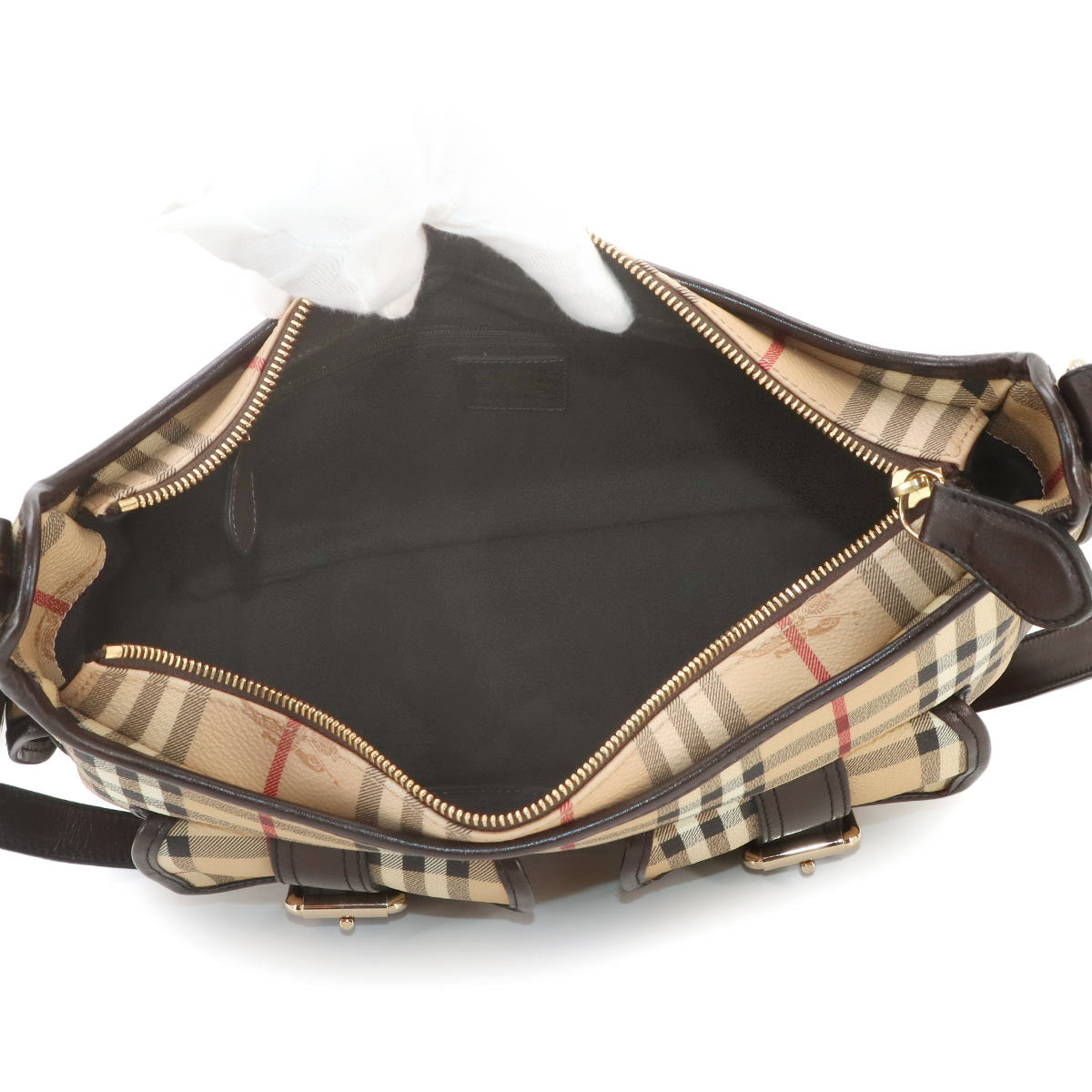 Plaid Shoulder Bag PVC Leather Beige Brown Purse