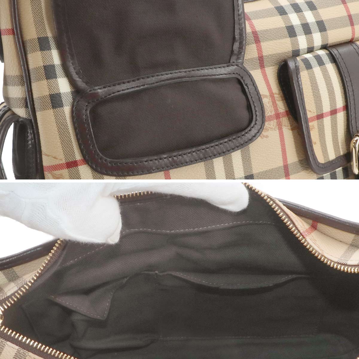 Plaid Shoulder Bag PVC Leather Beige Brown Purse