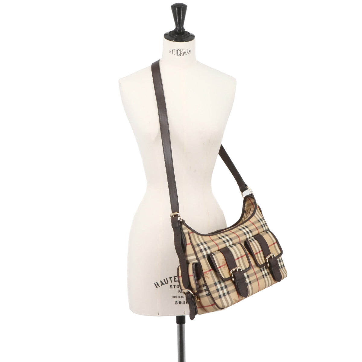 Plaid Shoulder Bag PVC Leather Beige Brown Purse