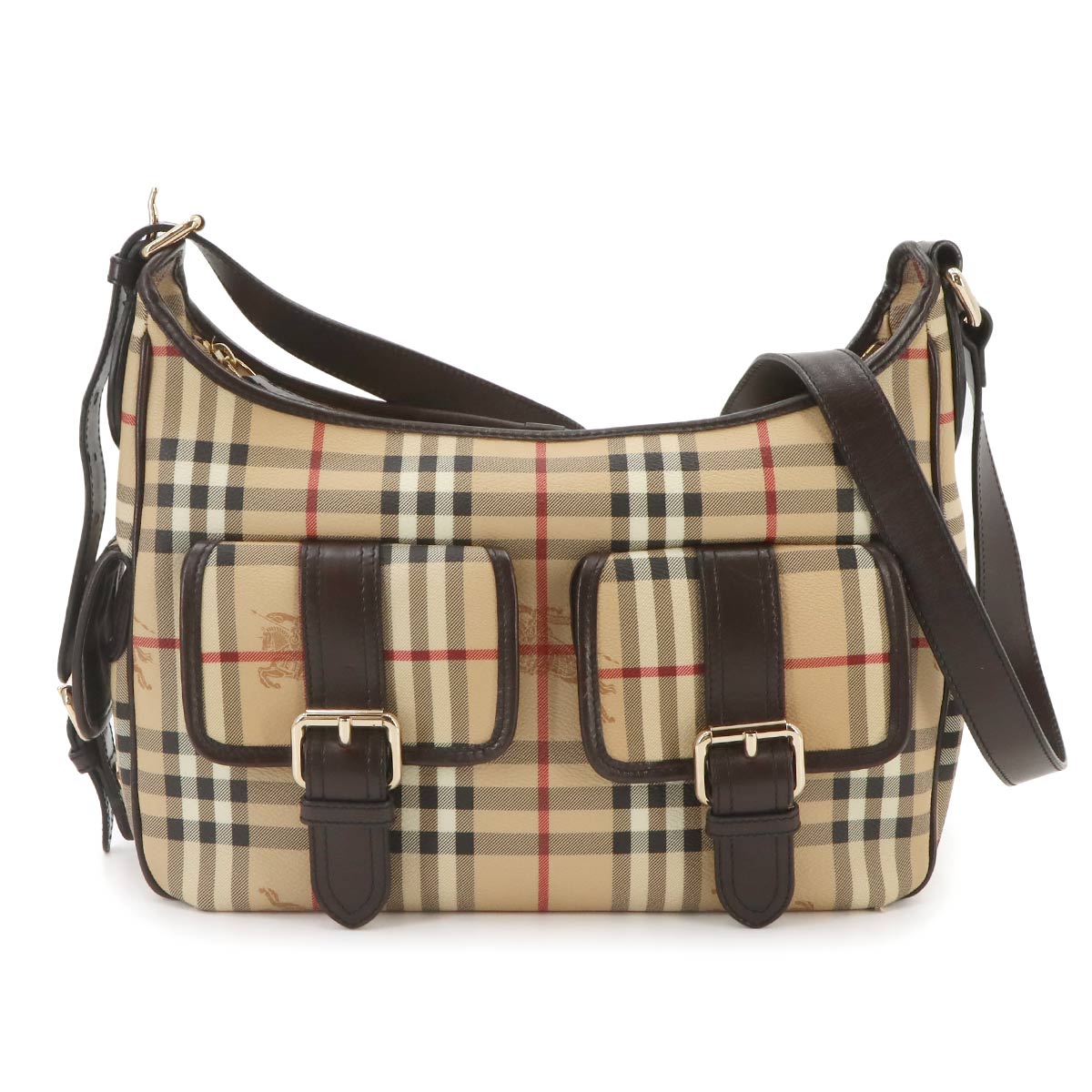 Plaid Shoulder Bag PVC Leather Beige Brown Purse