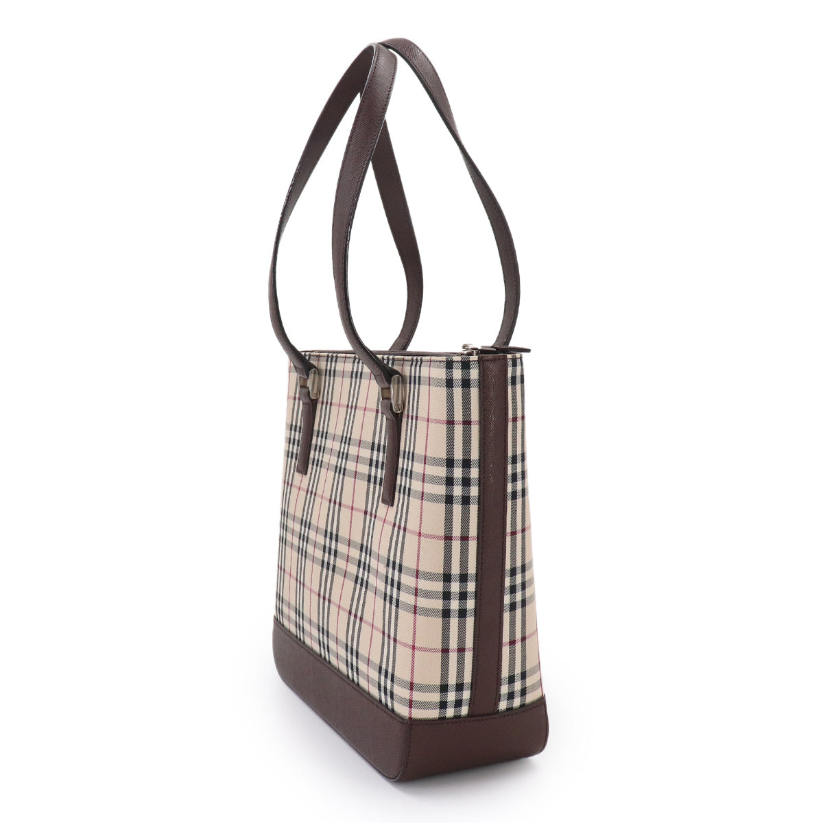 Plaid Tote Bag Canvas Leather Beige Brown Purse