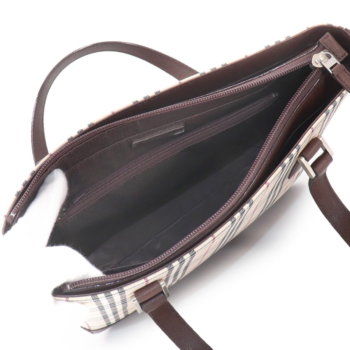 Plaid Tote Bag Canvas Leather Beige Brown Purse