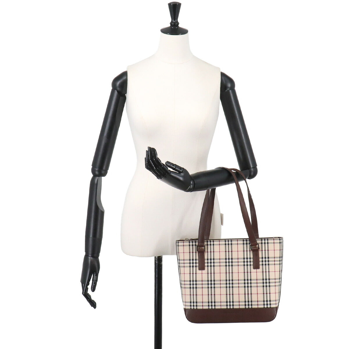 Plaid Tote Bag Canvas Leather Beige Brown Purse