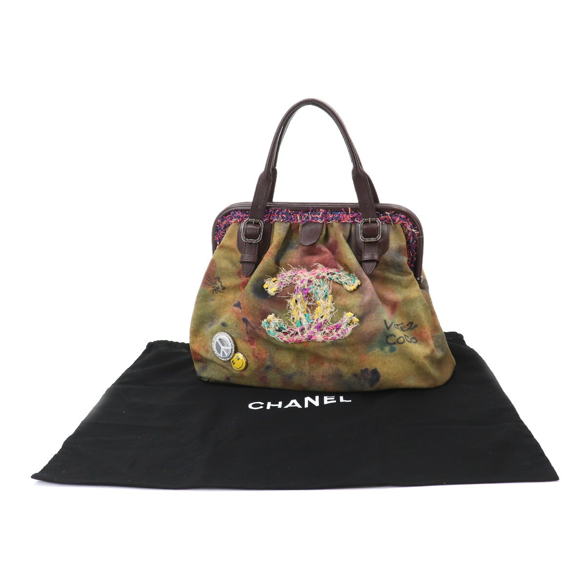 CHANEL Embroidery Graffiti Hand Bag Canvas Leather Khaki Brown A92791