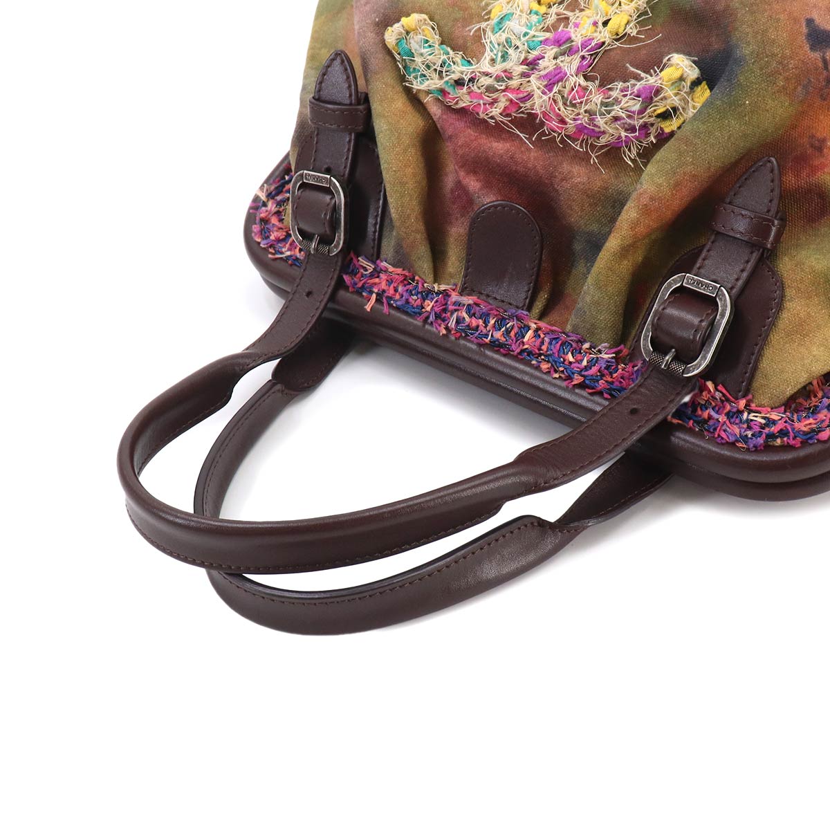 CHANEL Embroidery Graffiti Hand Bag Canvas Leather Khaki Brown A92791