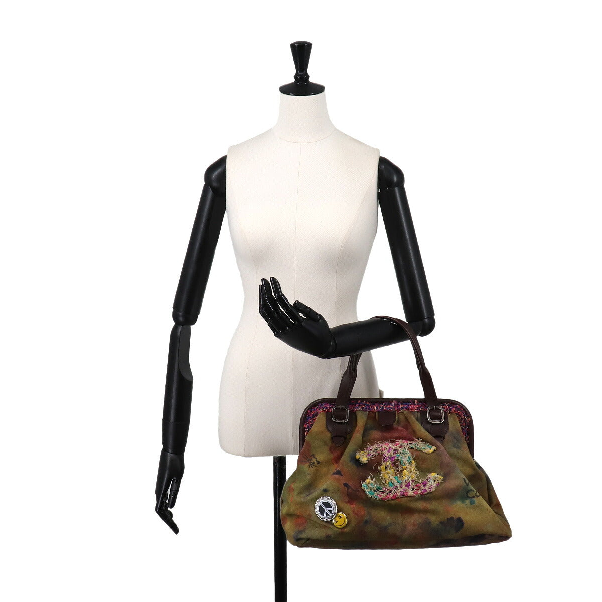 CHANEL Embroidery Graffiti Hand Bag Canvas Leather Khaki Brown A92791