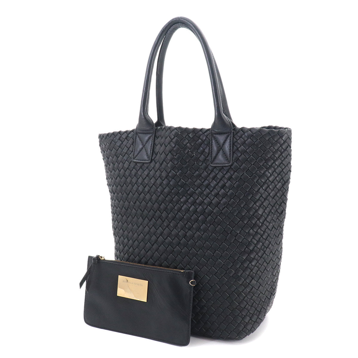 Intrecciato Cabas Tote Bag Leather Black Pouch Purse
