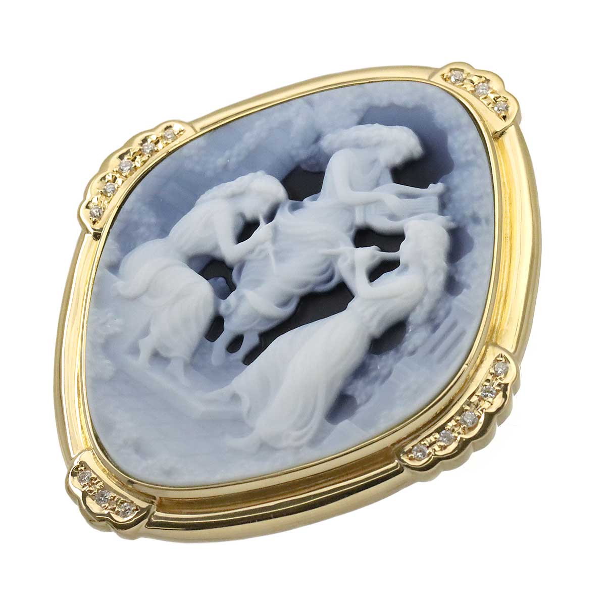 Agate cameo Diamond 0.15ct Brooch Pendant Top 18K YG 750