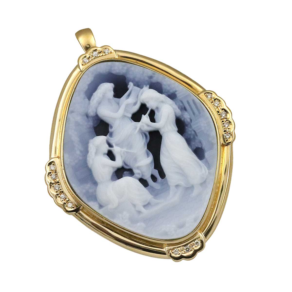 Agate cameo Diamond 0.15ct Brooch Pendant Top 18K YG 750