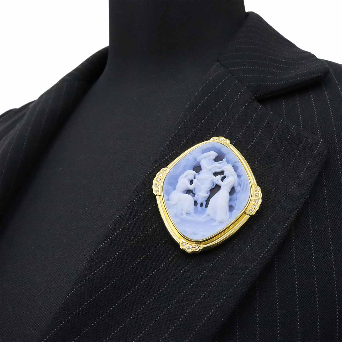 Agate cameo Diamond 0.15ct Brooch Pendant Top 18K YG 750