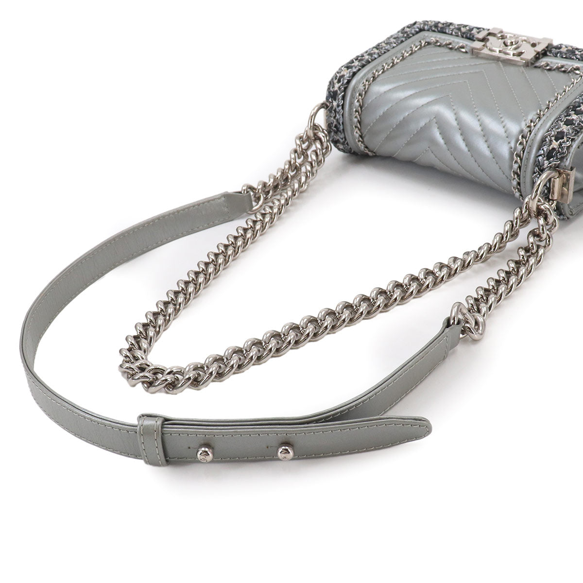 BOY CHANEL Small Chain Shoulder Bag Leather Tweed Silver A67085