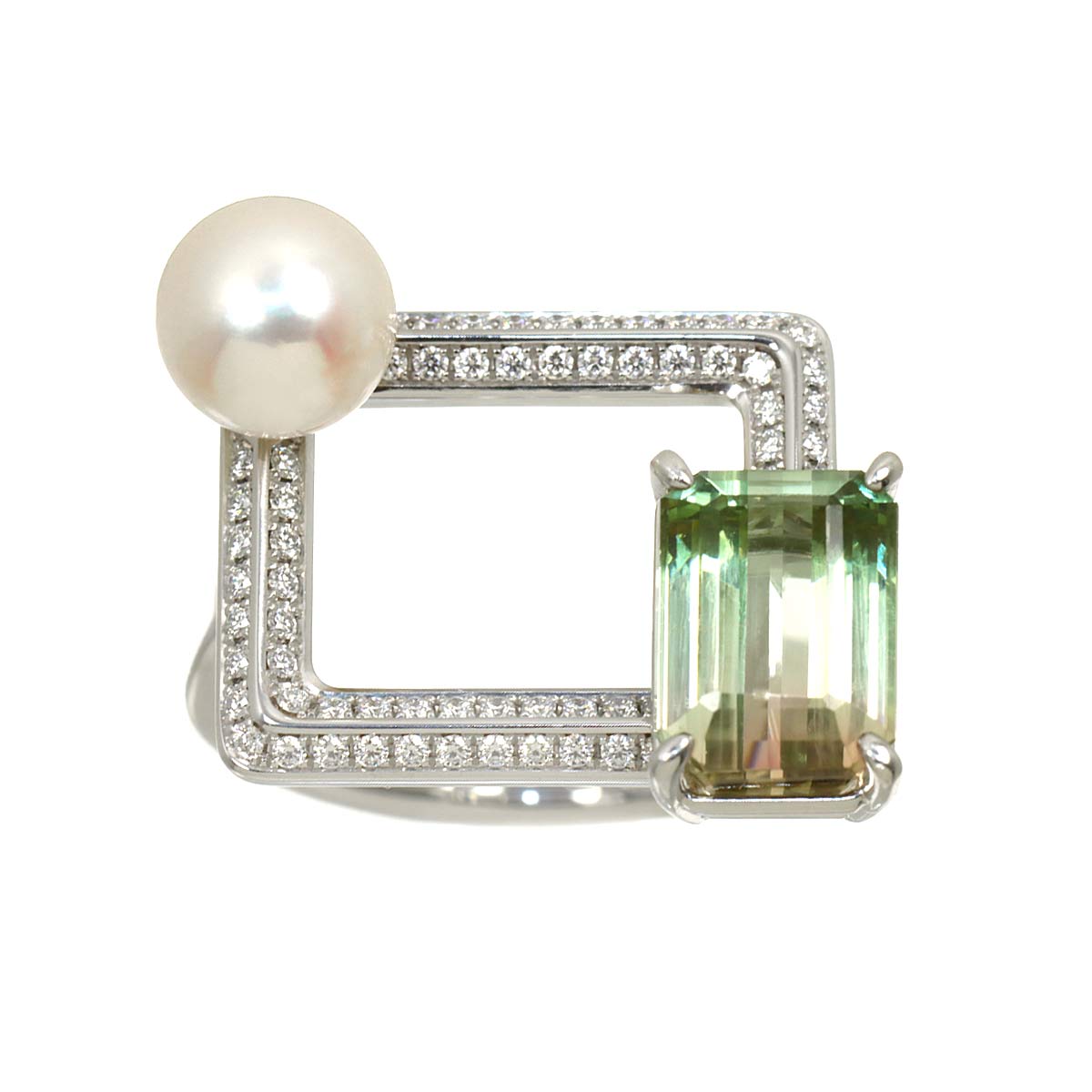 Tourmaline 4.29ct Diamond 0.29ct Pearl Ring 18K WG Size8.25(US)