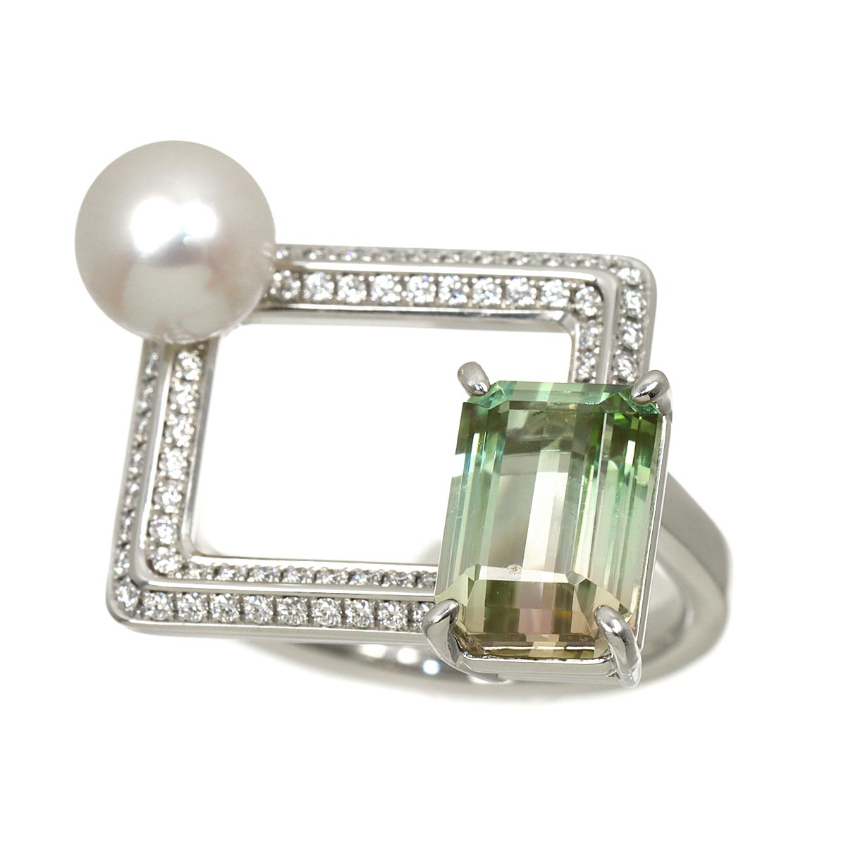 Tourmaline 4.29ct Diamond 0.29ct Pearl Ring 18K WG Size8.25(US)
