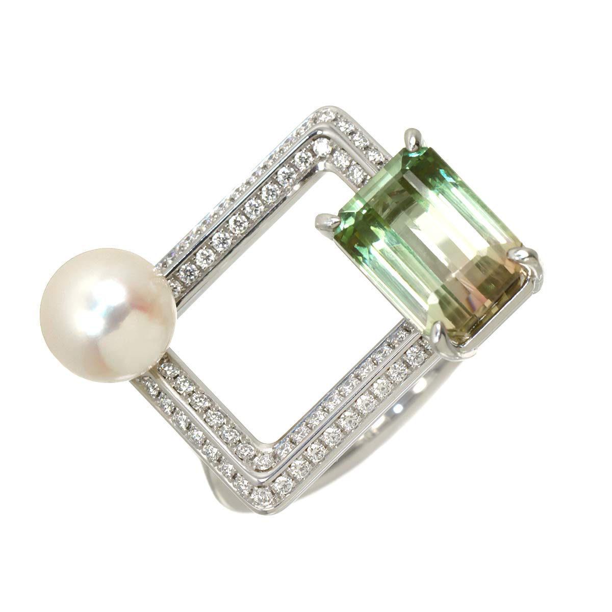 Tourmaline 4.29ct Diamond 0.29ct Pearl Ring 18K WG Size8.25(US)