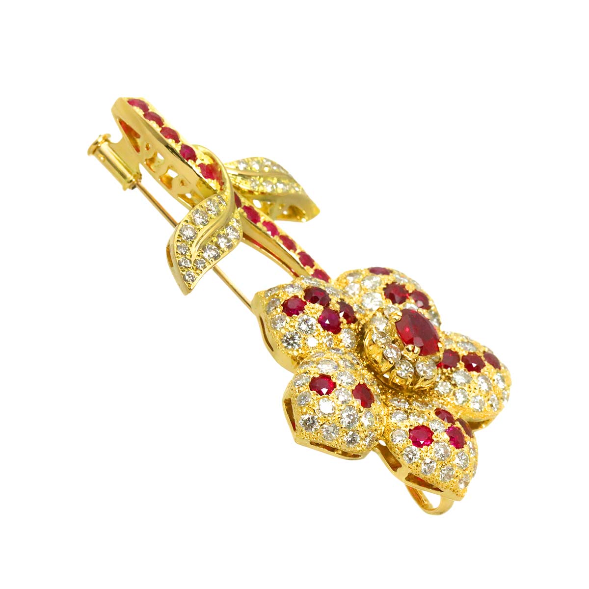 Ruby 0.70ct/3.53ct Diamond 3.98ct Brooch 18K YG Yellow Gold 750