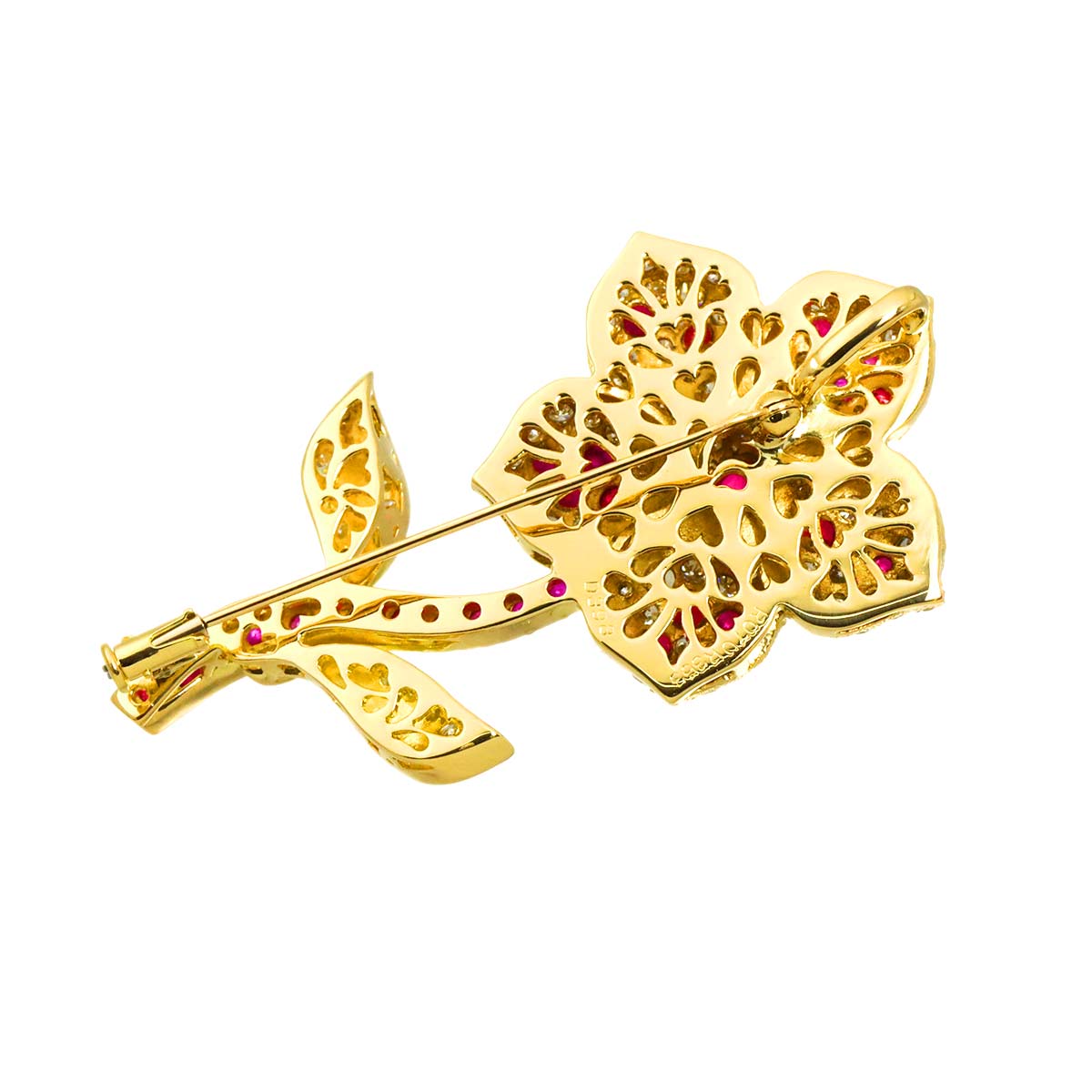 Ruby 0.70ct/3.53ct Diamond 3.98ct Brooch 18K YG Yellow Gold 750