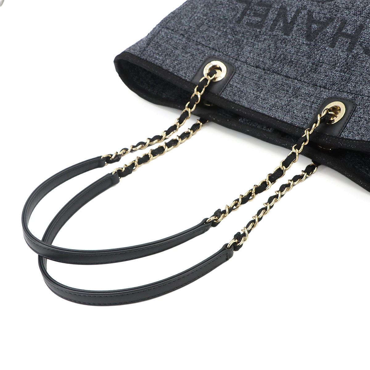 Deauville Chain Tote Bag Straw Leather Navy A67001 Purse