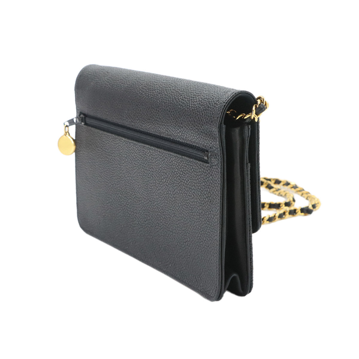 Chain Long Wallet Leather Black Coco Logos Purse