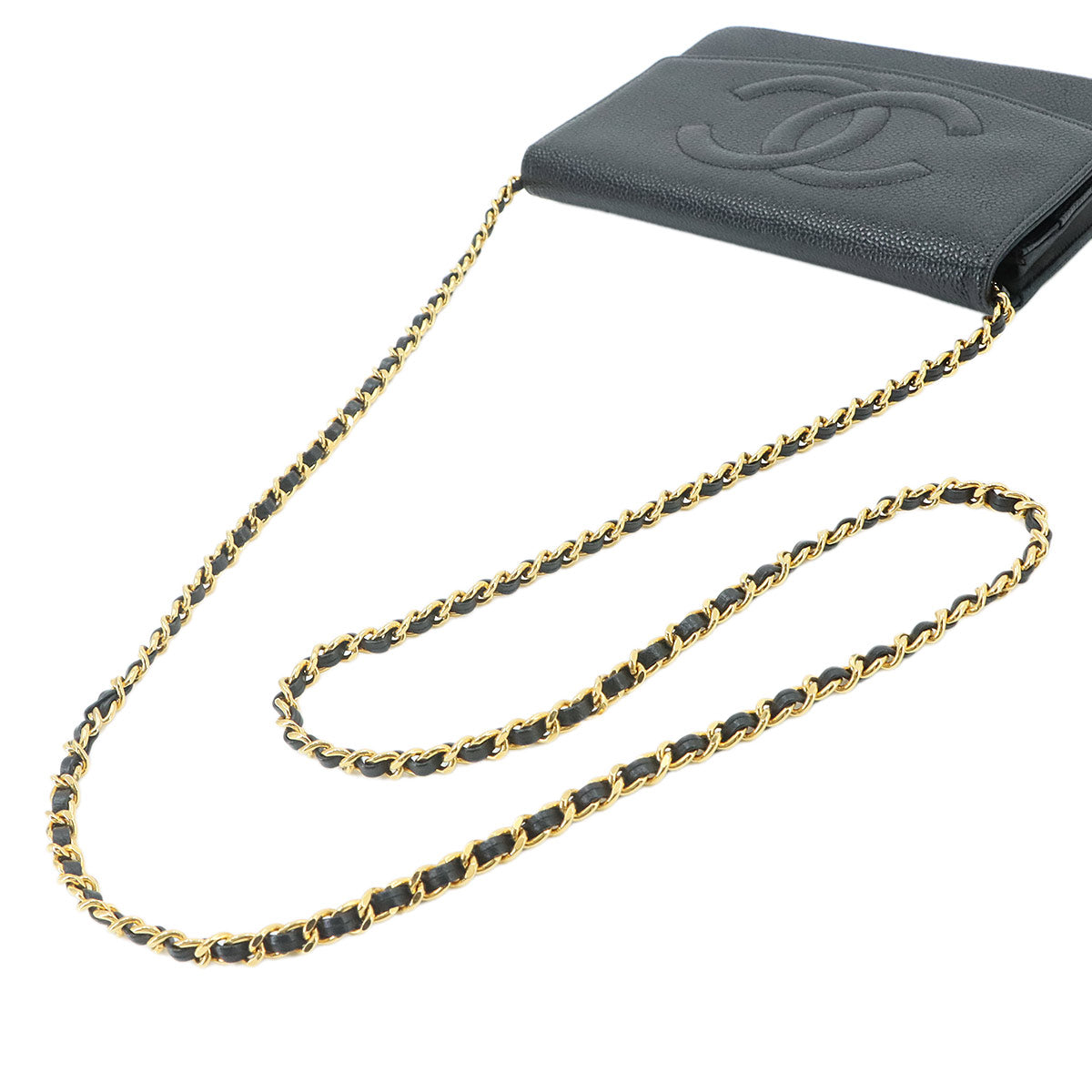 Chain Long Wallet Leather Black Coco Logos Purse