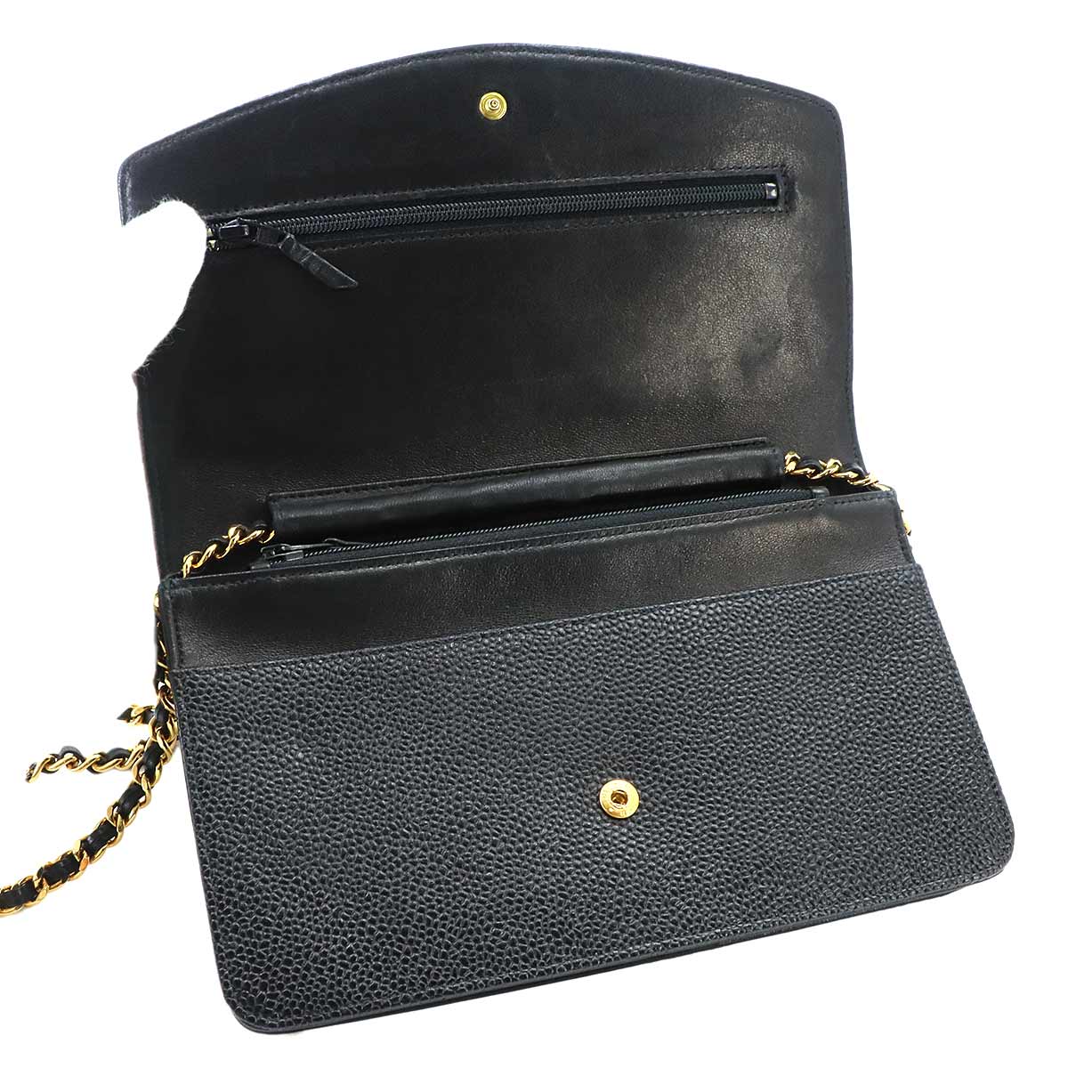 Chain Long Wallet Leather Black Coco Logos Purse