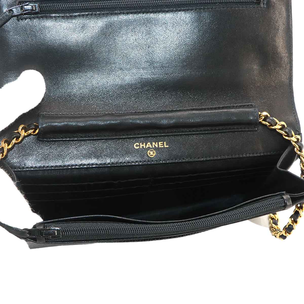 Chain Long Wallet Leather Black Coco Logos Purse