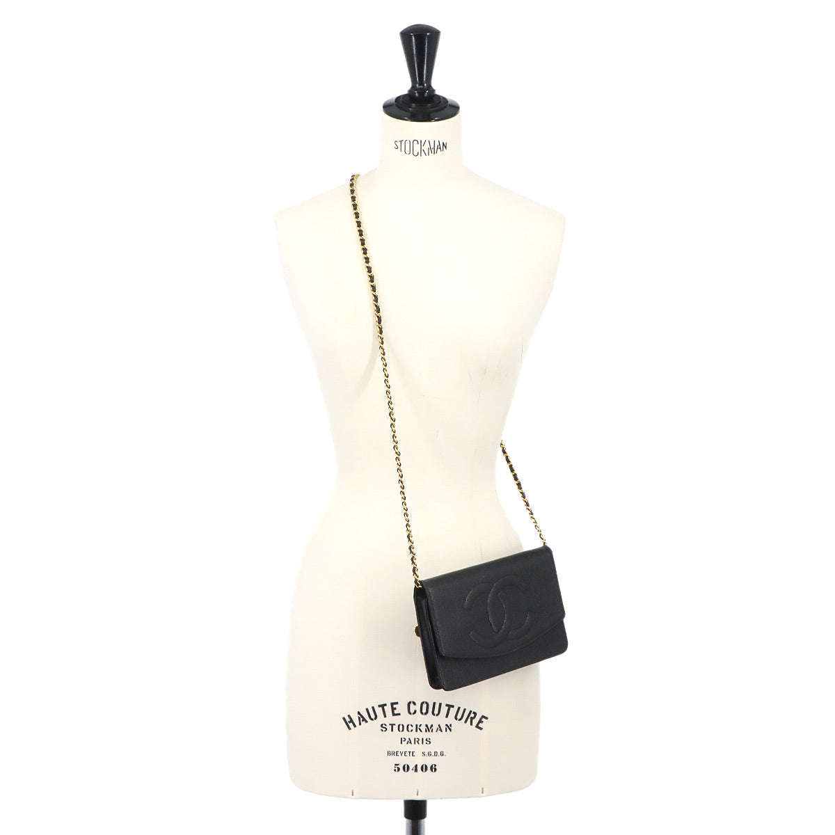 Chain Long Wallet Leather Black Coco Logos Purse