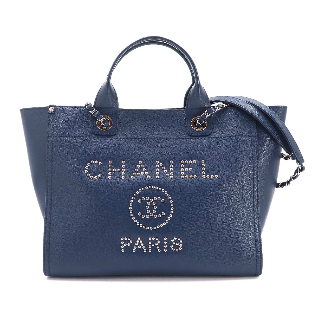 Deauville Tote Chain Shoulder Bag Leather Navy A57069 Studs