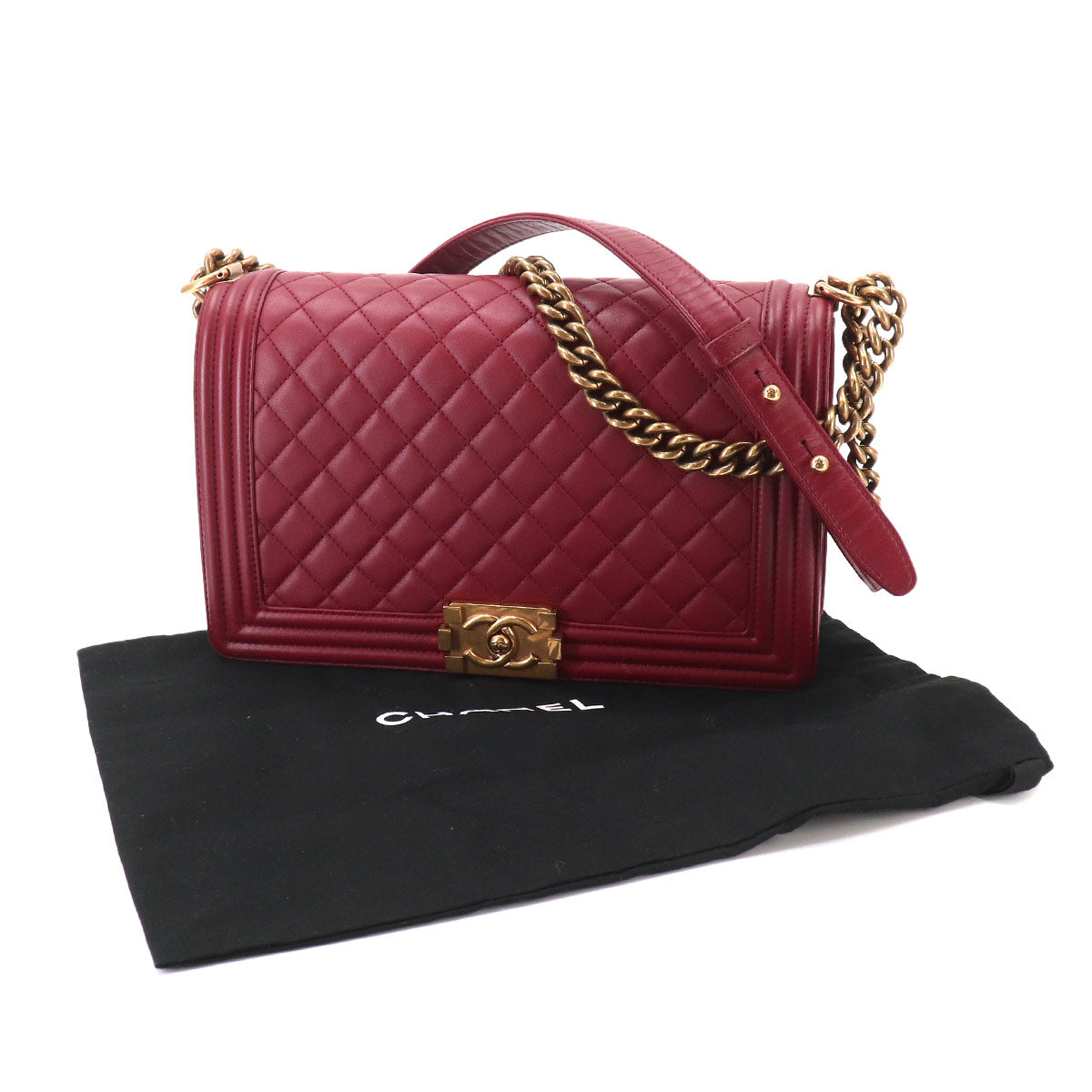 BOY CHANEL Large Chain Shoulder Bag Leather Bordeaux Purse
