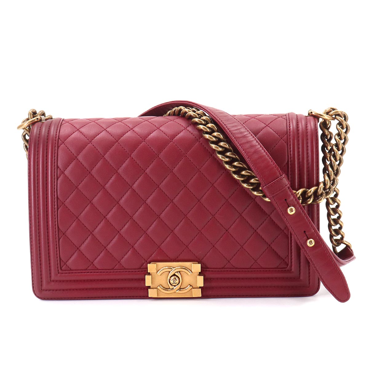 BOY CHANEL Large Chain Shoulder Bag Leather Bordeaux Purse