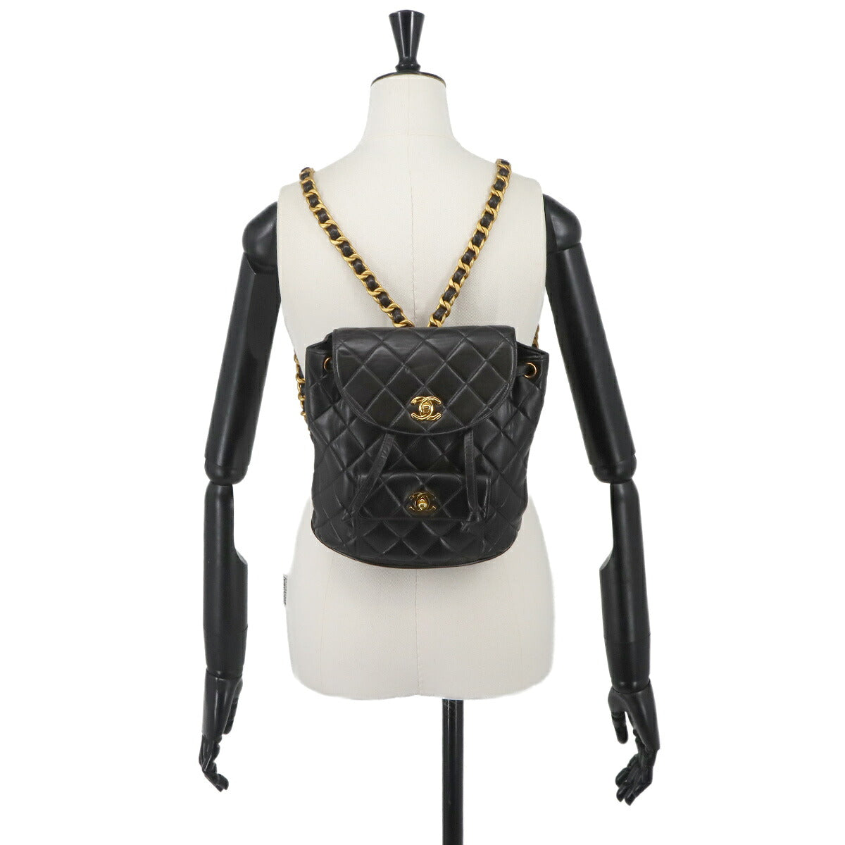 Matelasse Chain Backpack Leather Black duma Purse Vintage