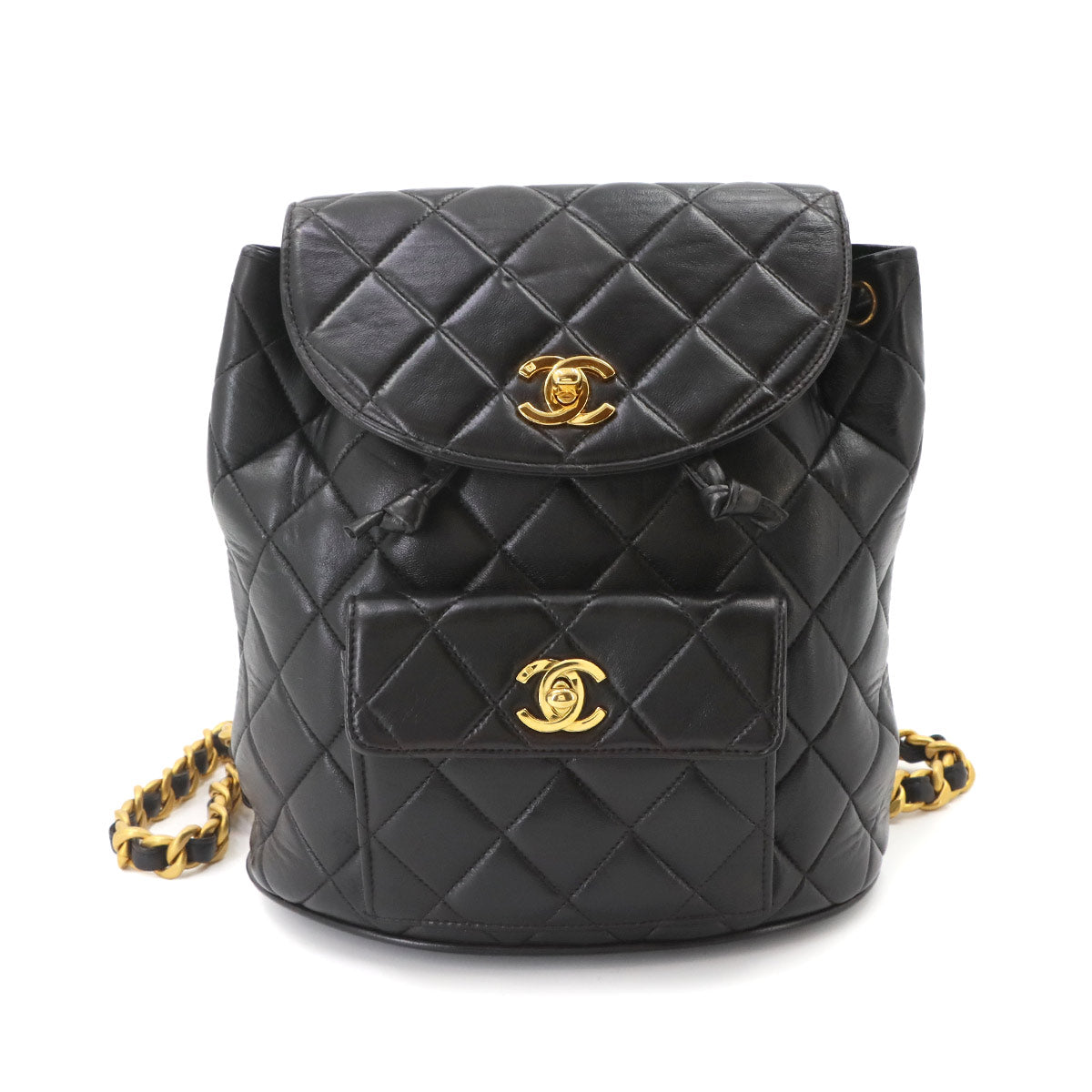Matelasse Chain Backpack Leather Black duma Purse Vintage