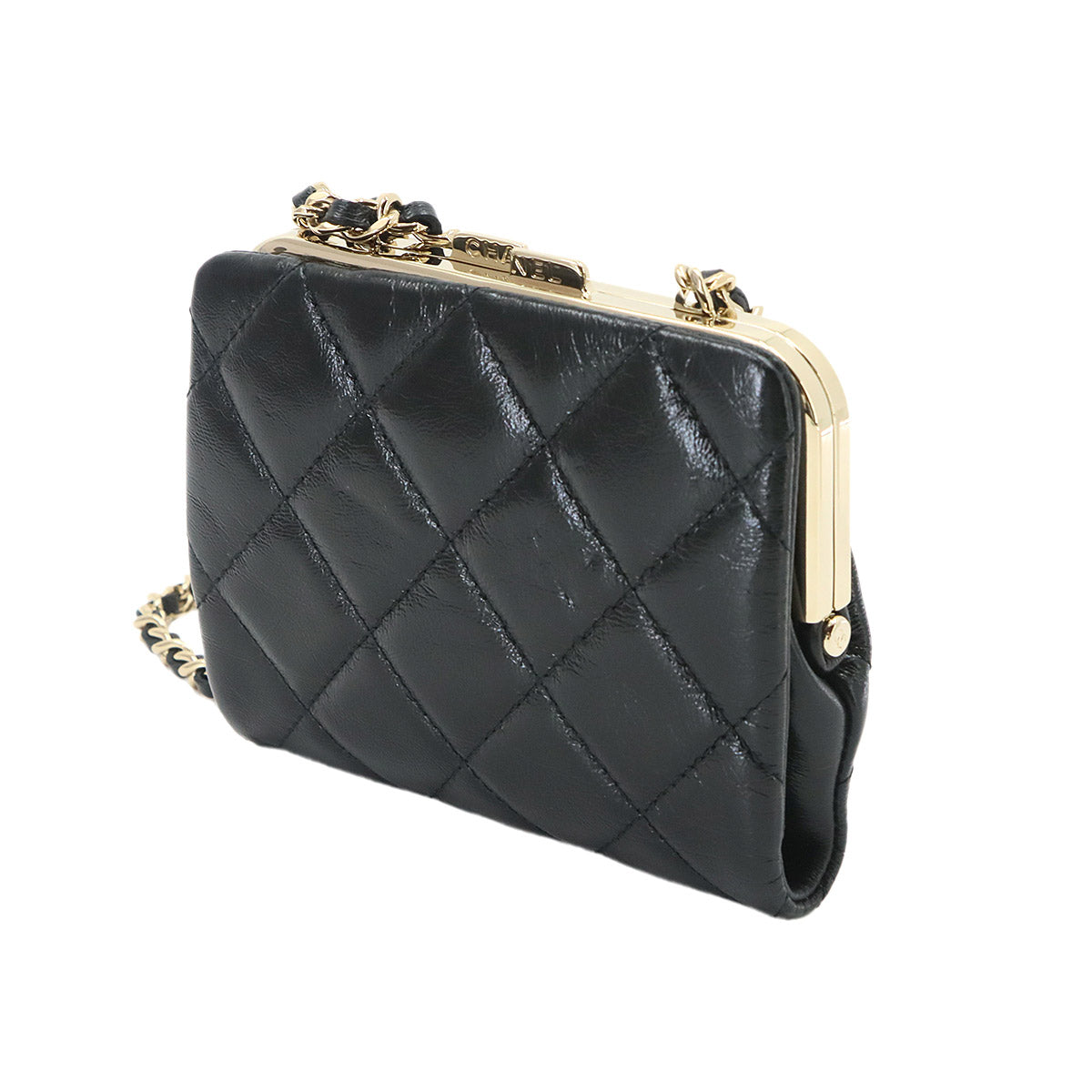 Matelasse Kiss-lock Chain Wallet Leather Black