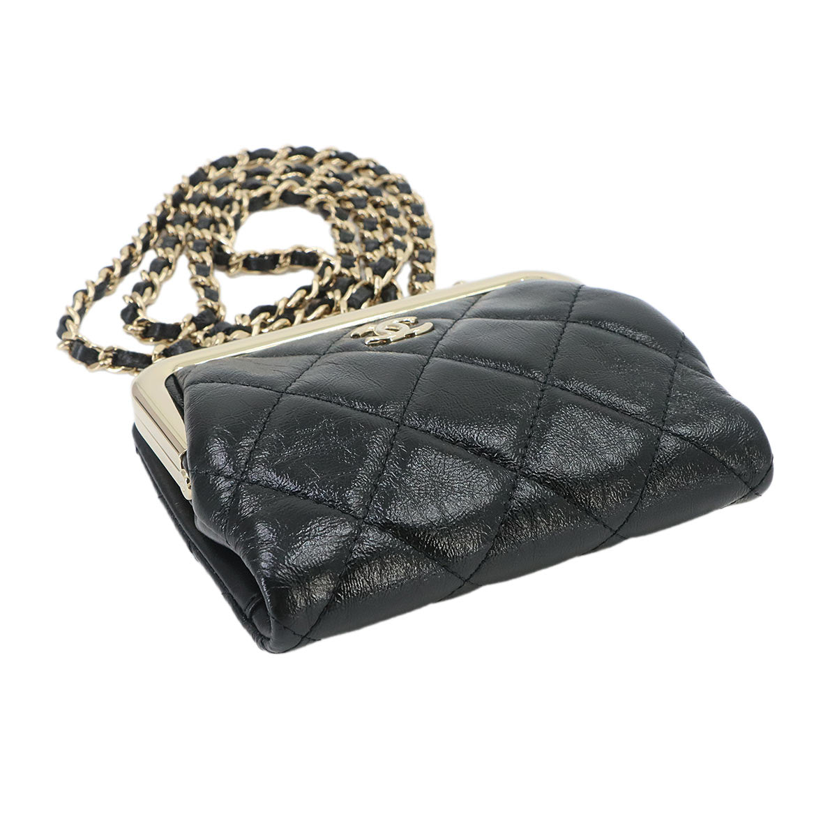 Matelasse Kiss-lock Chain Wallet Leather Black