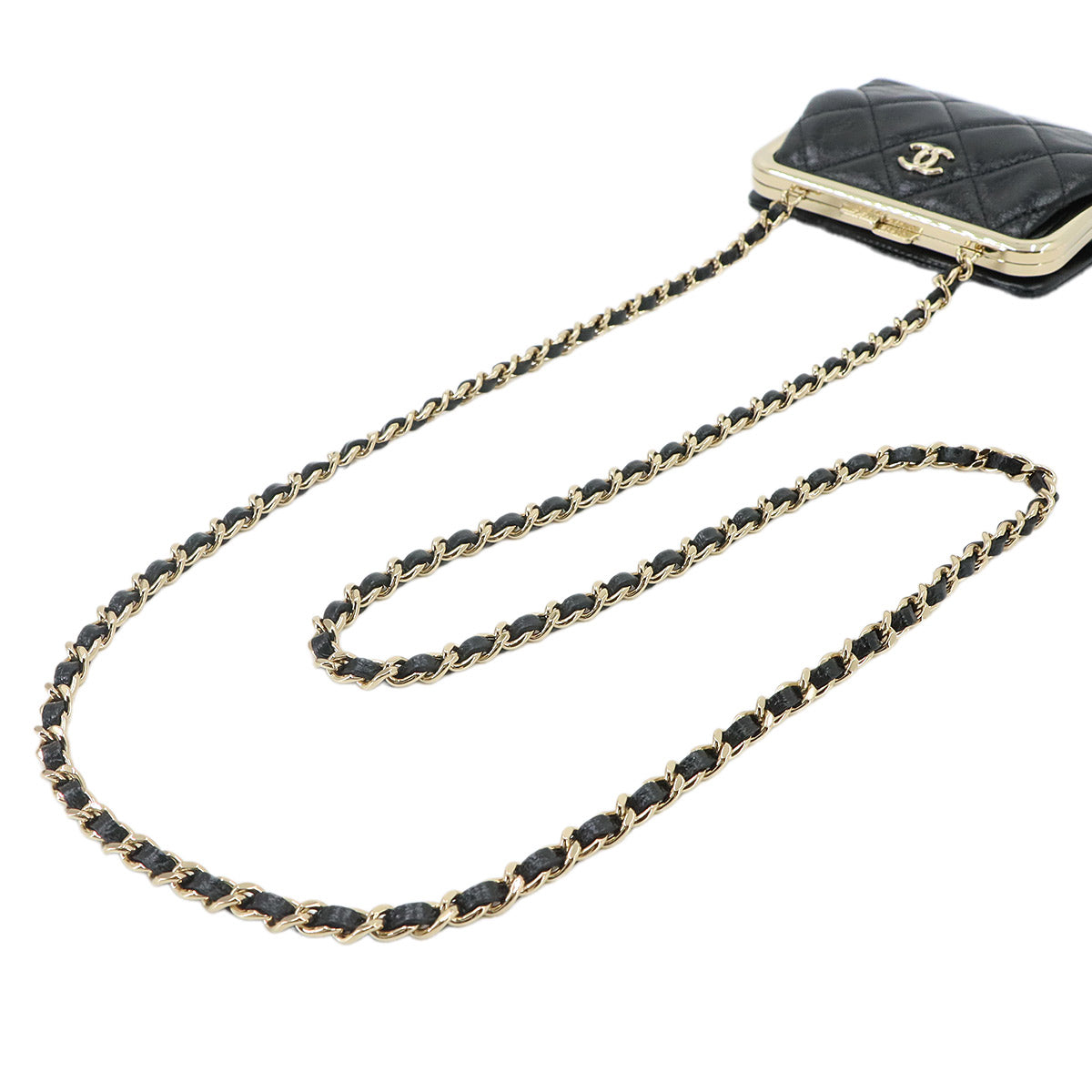Matelasse Kiss-lock Chain Wallet Leather Black