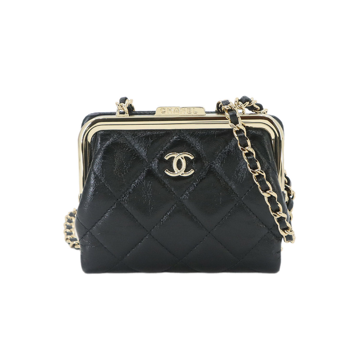 Matelasse Kiss-lock Chain Wallet Leather Black