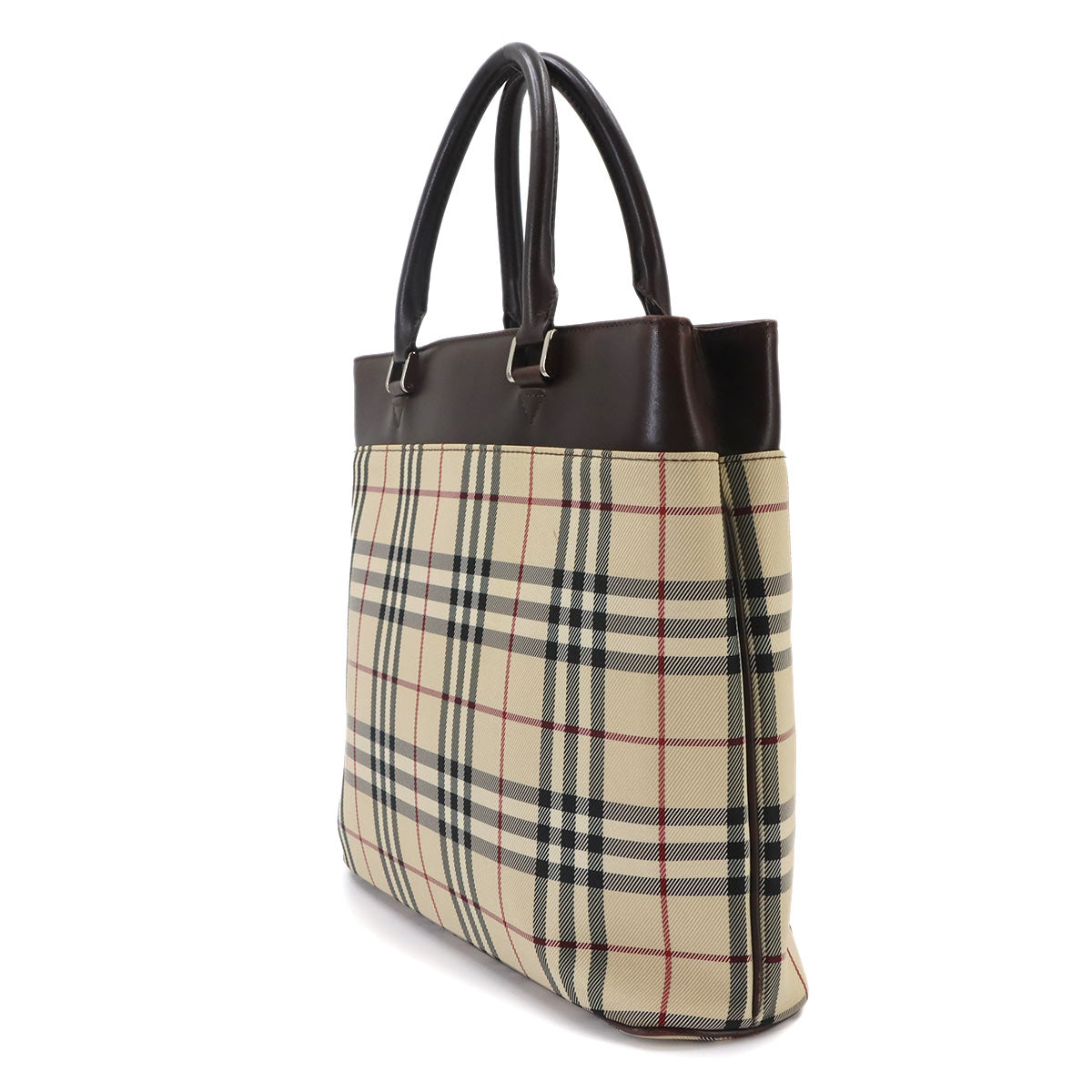 Plaid Hand Bag Canvas Leather Beige Brown