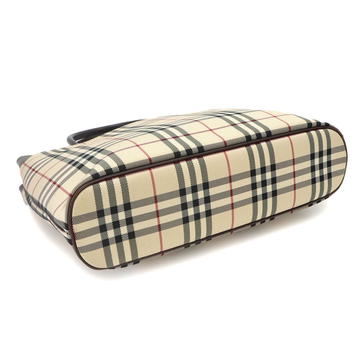 Plaid Hand Bag Canvas Leather Beige Brown