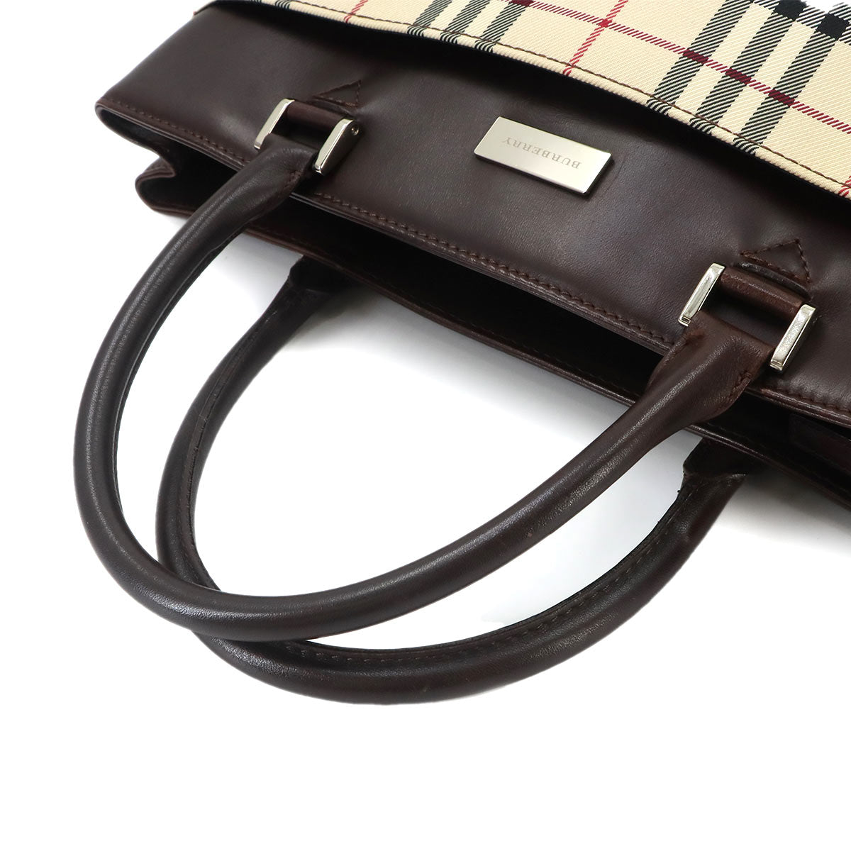Plaid Hand Bag Canvas Leather Beige Brown