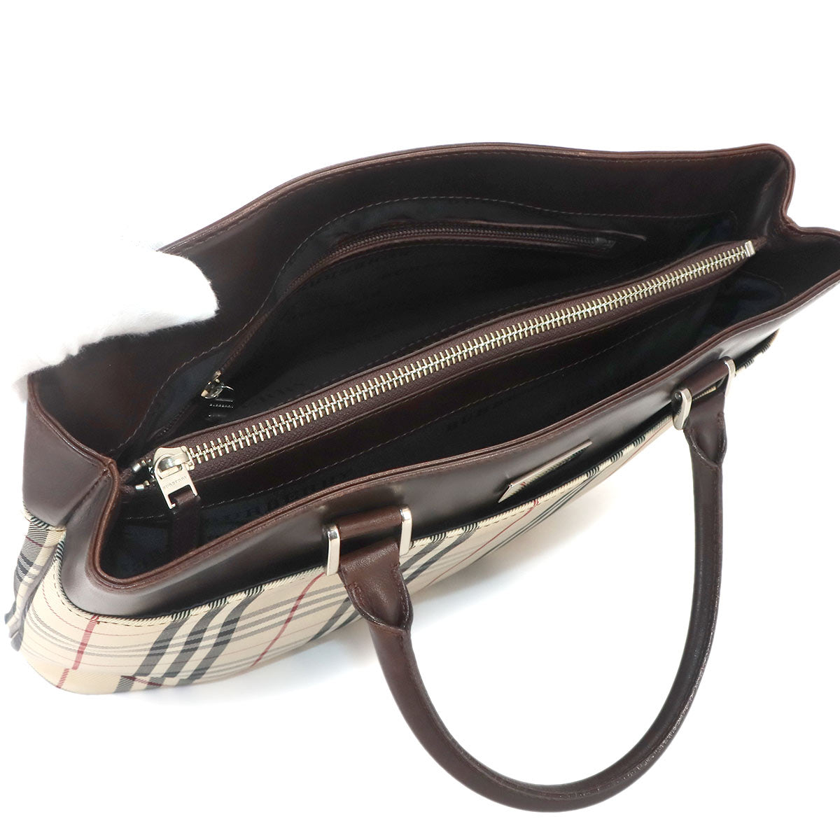 Plaid Hand Bag Canvas Leather Beige Brown
