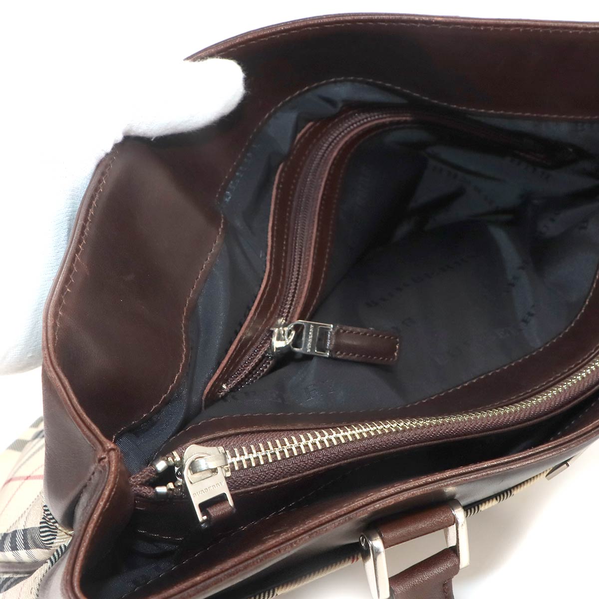 Plaid Hand Bag Canvas Leather Beige Brown