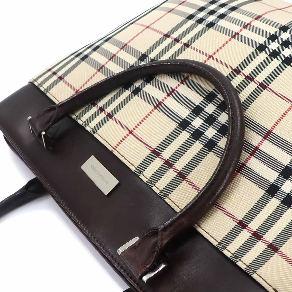Plaid Hand Bag Canvas Leather Beige Brown