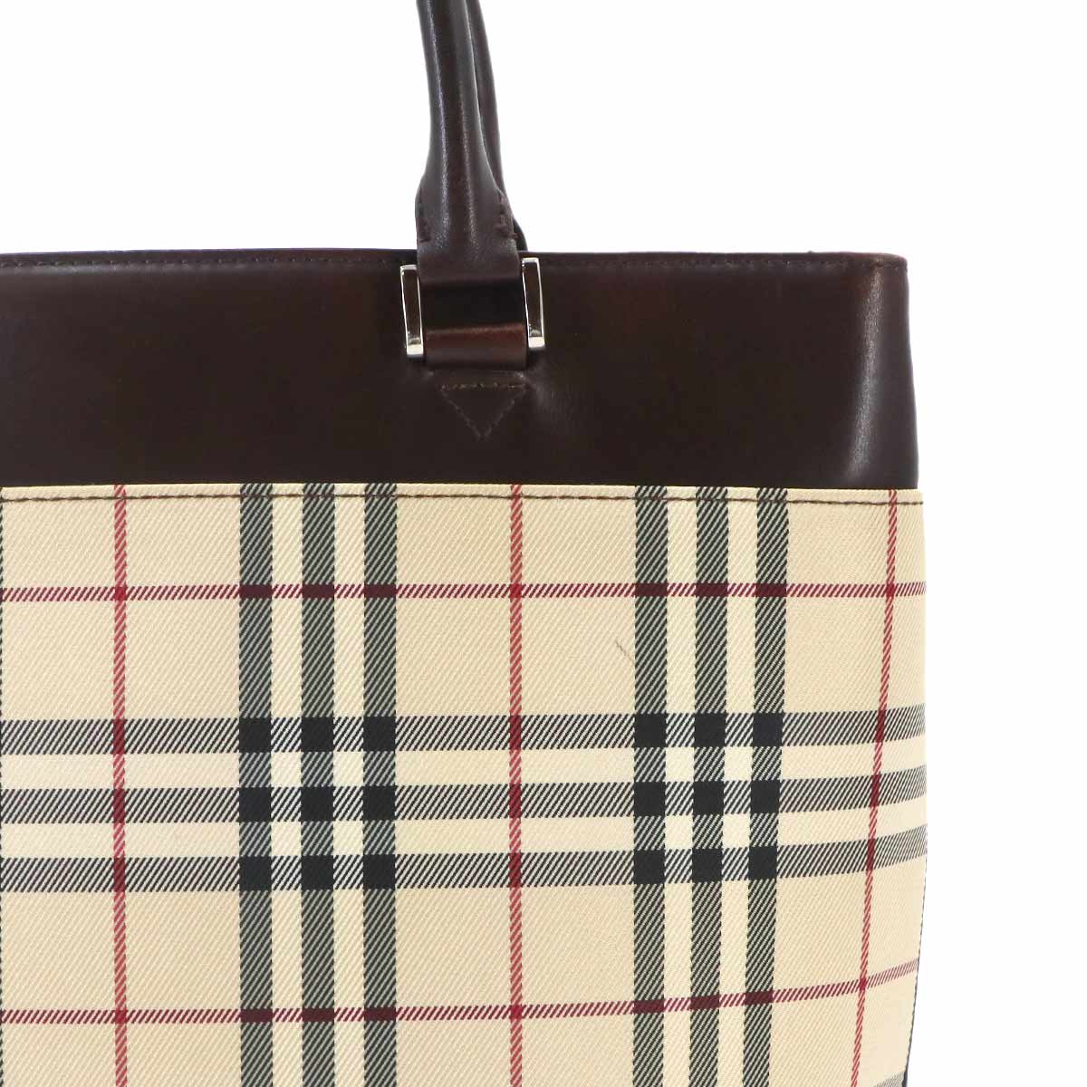 Plaid Hand Bag Canvas Leather Beige Brown