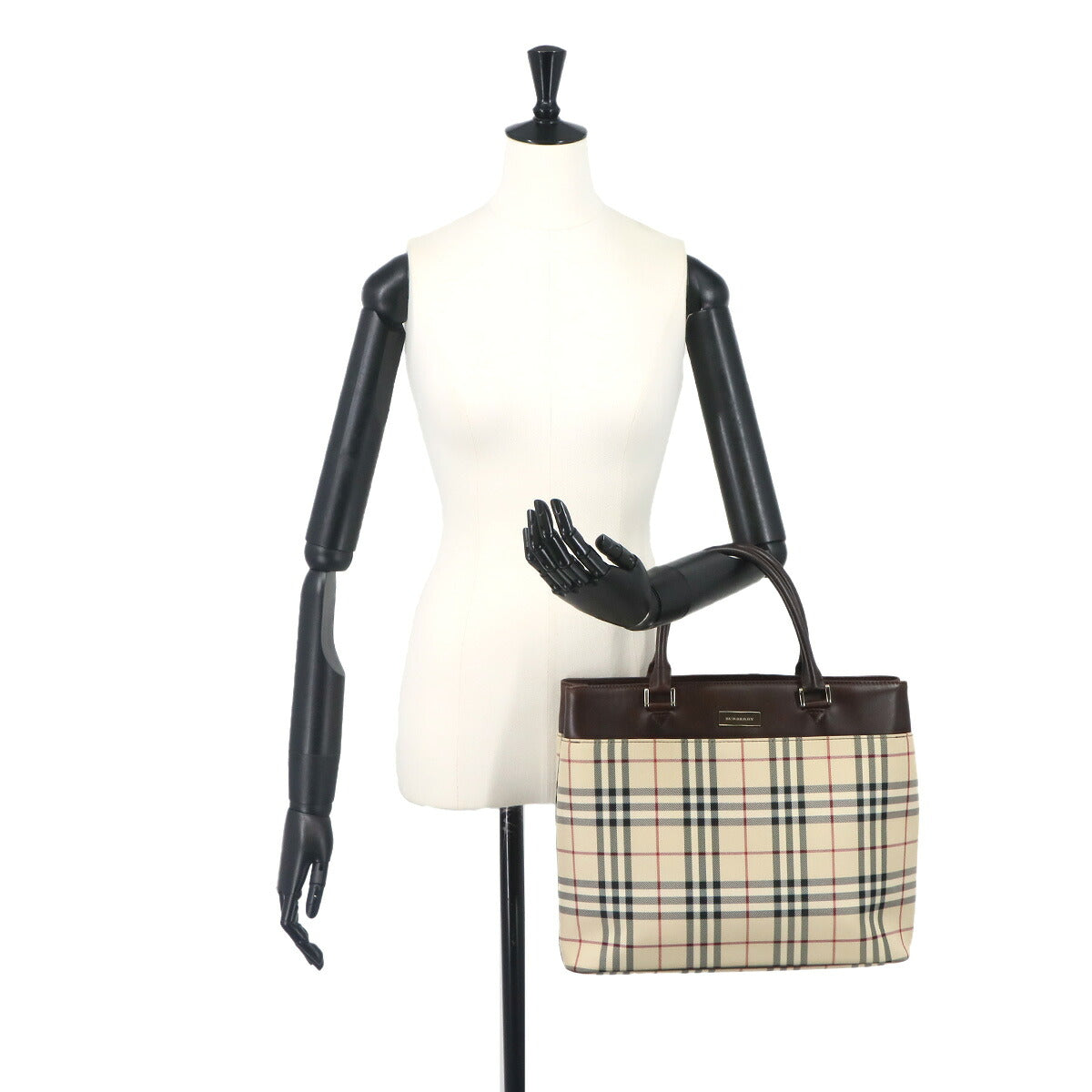 Plaid Hand Bag Canvas Leather Beige Brown