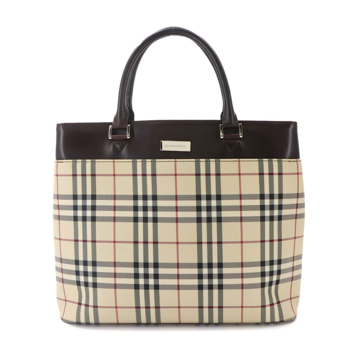 Plaid Hand Bag Canvas Leather Beige Brown