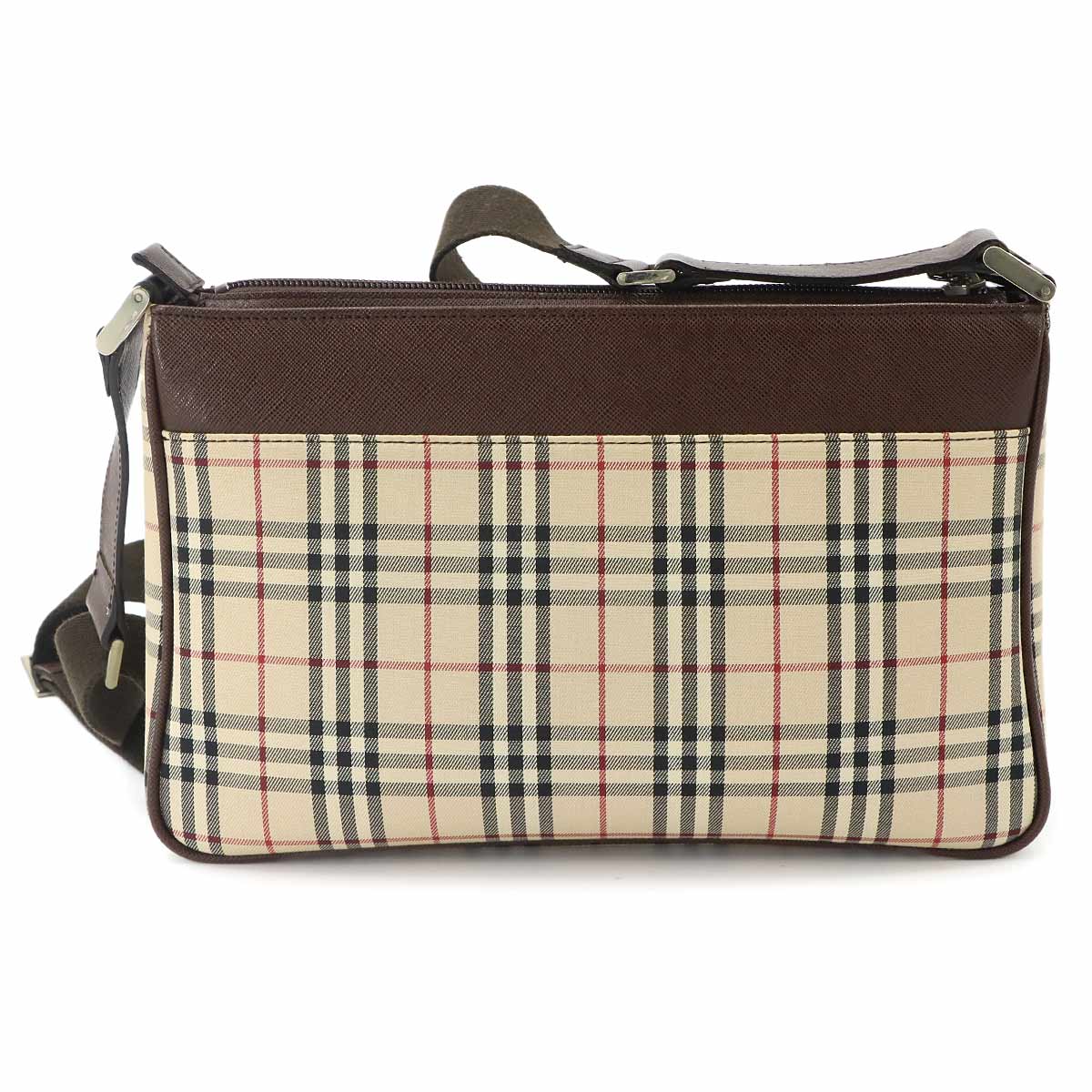 Plaid Shoulder Bag Canvas Leather Beige Brown Purse