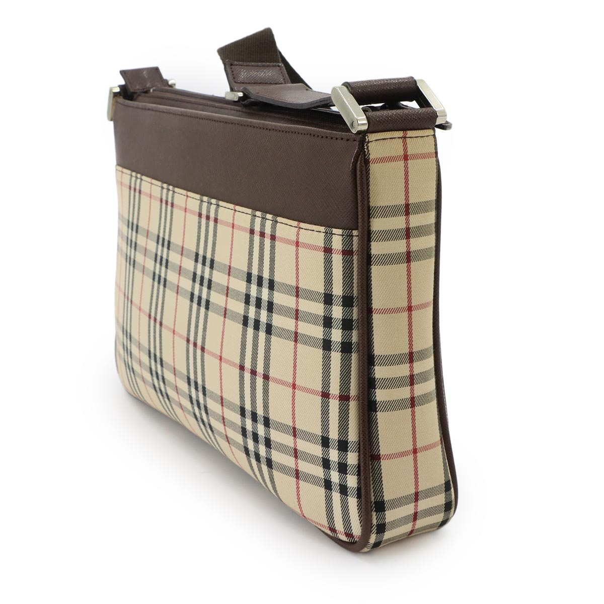 Plaid Shoulder Bag Canvas Leather Beige Brown Purse