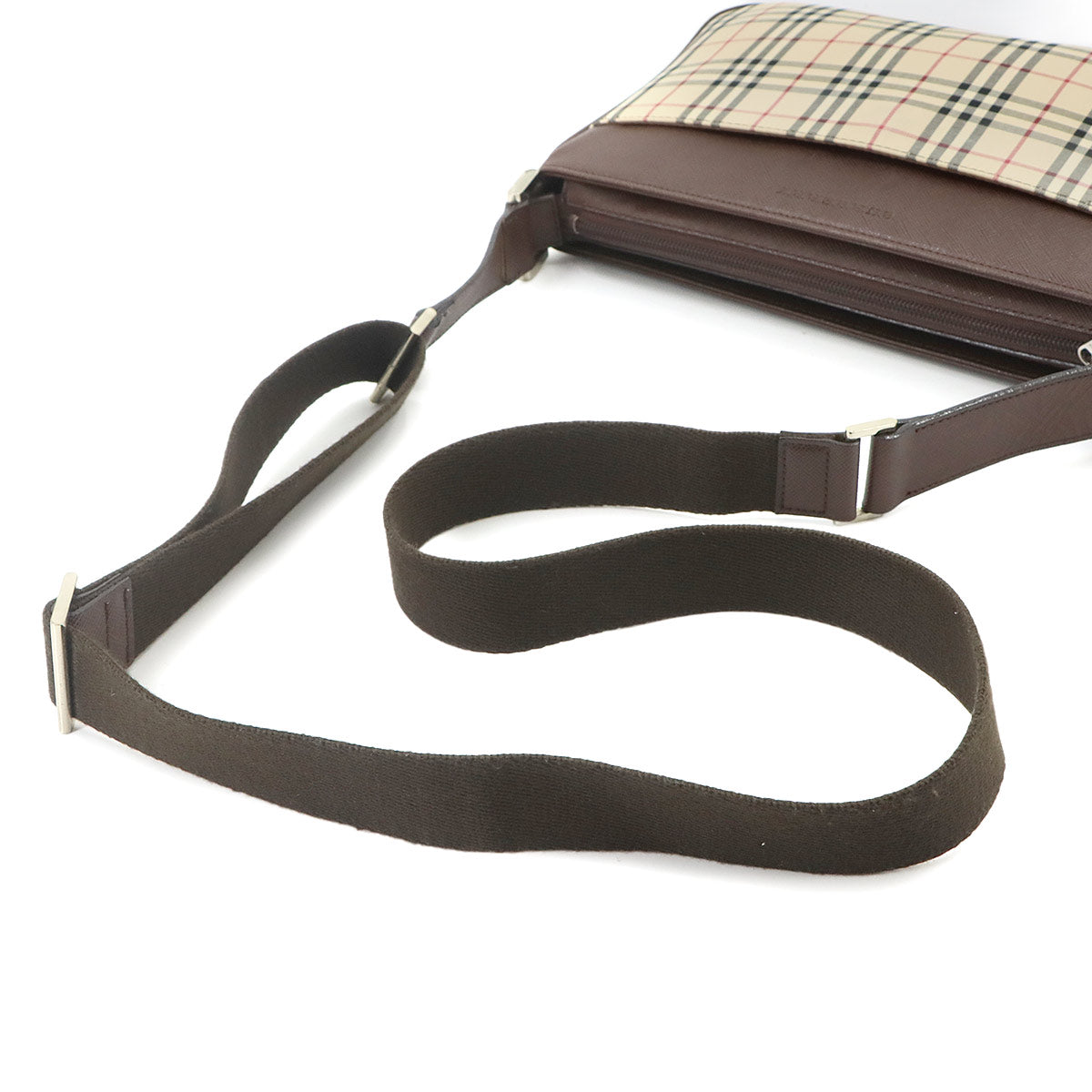 Plaid Shoulder Bag Canvas Leather Beige Brown Purse