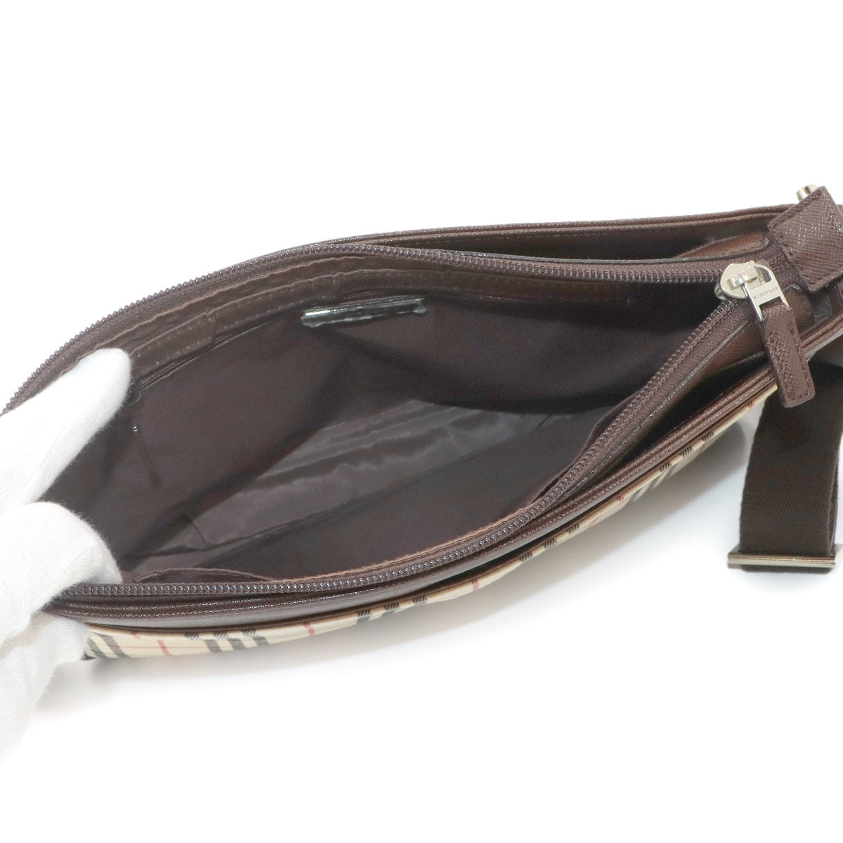 Plaid Shoulder Bag Canvas Leather Beige Brown Purse