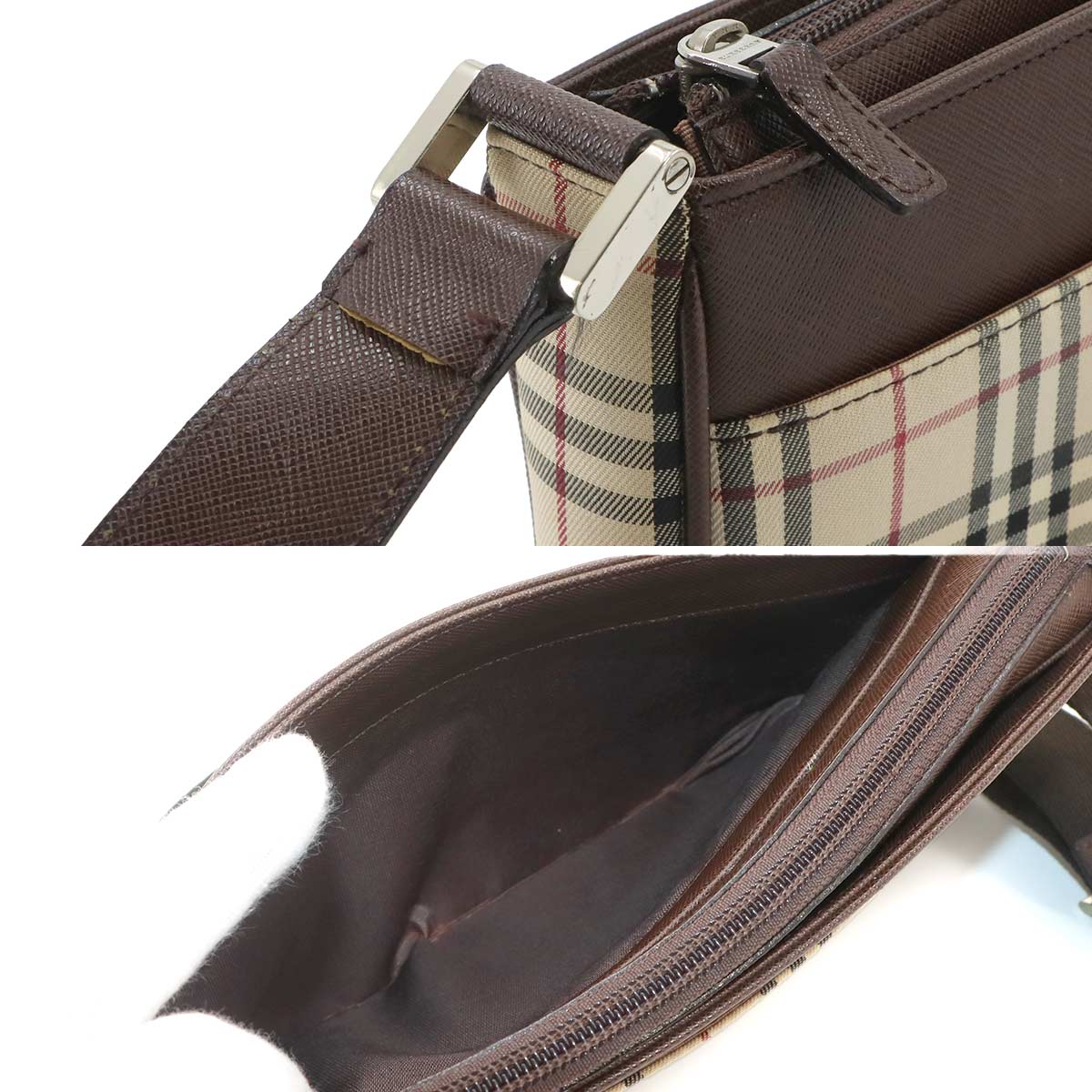 Plaid Shoulder Bag Canvas Leather Beige Brown Purse
